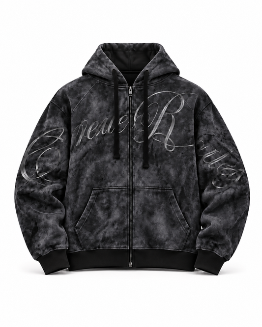 Hoodie Zip Midnight Script oscuro, cierre frontal y estampado de letras