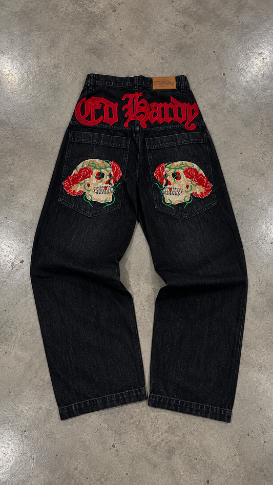 Jeans Ed H*rdy Skull Roses Negro