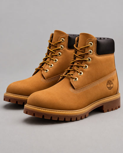Par de botas Timberland clásicas camel unisex sobre fondo gris, vista de tres cuartos.