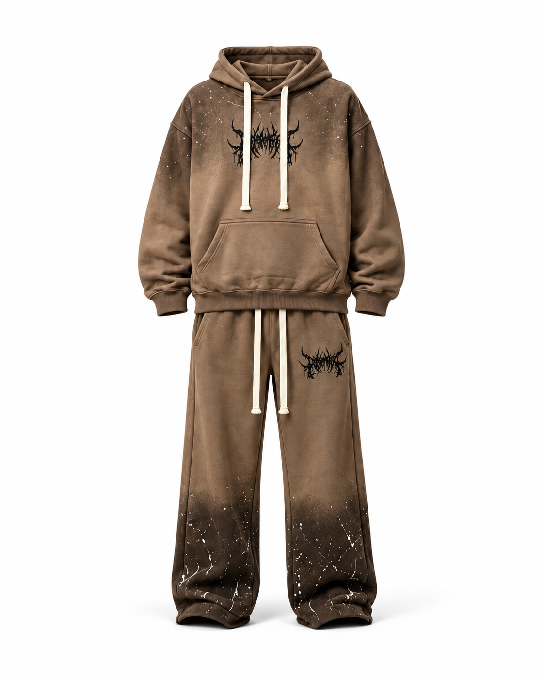 Conjunto Metal café, hoodie y pantalón con estampado negro
