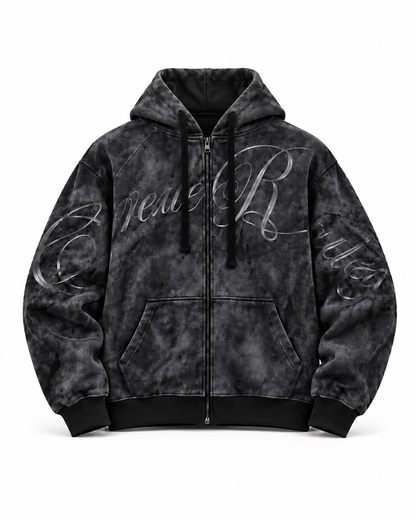 Hoodie Zip Midnight Script oscuro, cierre frontal y estampado de letras