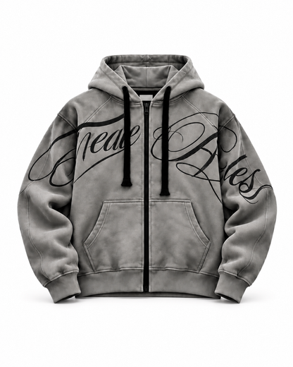 Hoodie Zip Script Shadow gris, cierre frontal y letras negras