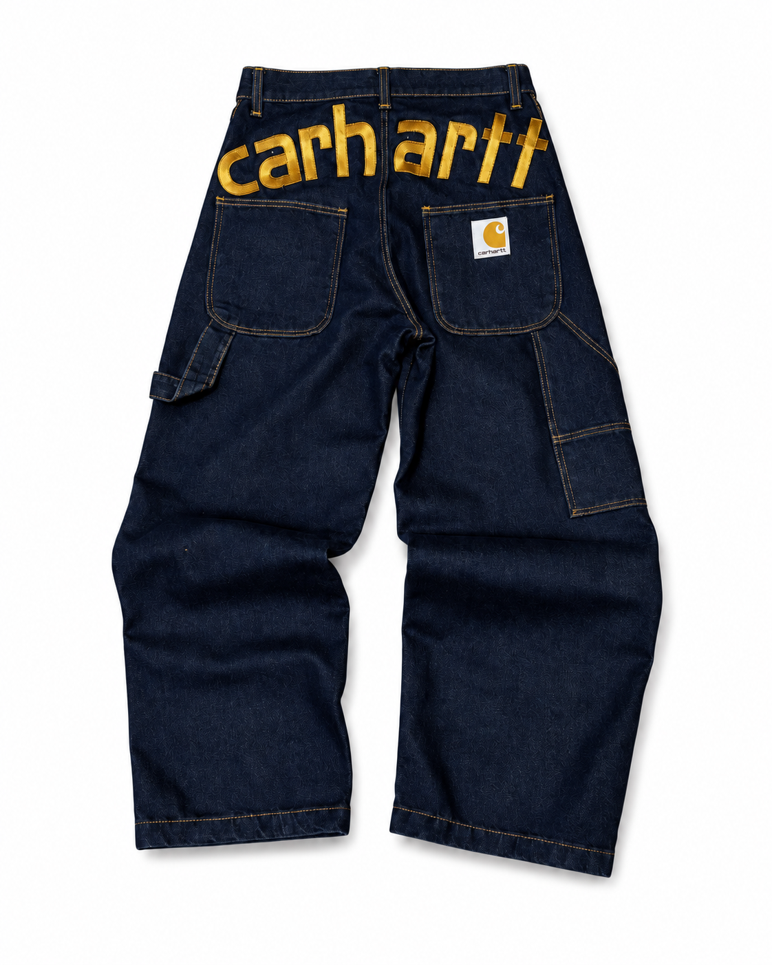 Panto Carhartt Double Knee en mezclilla índigo, vista posterior con bordado dorado