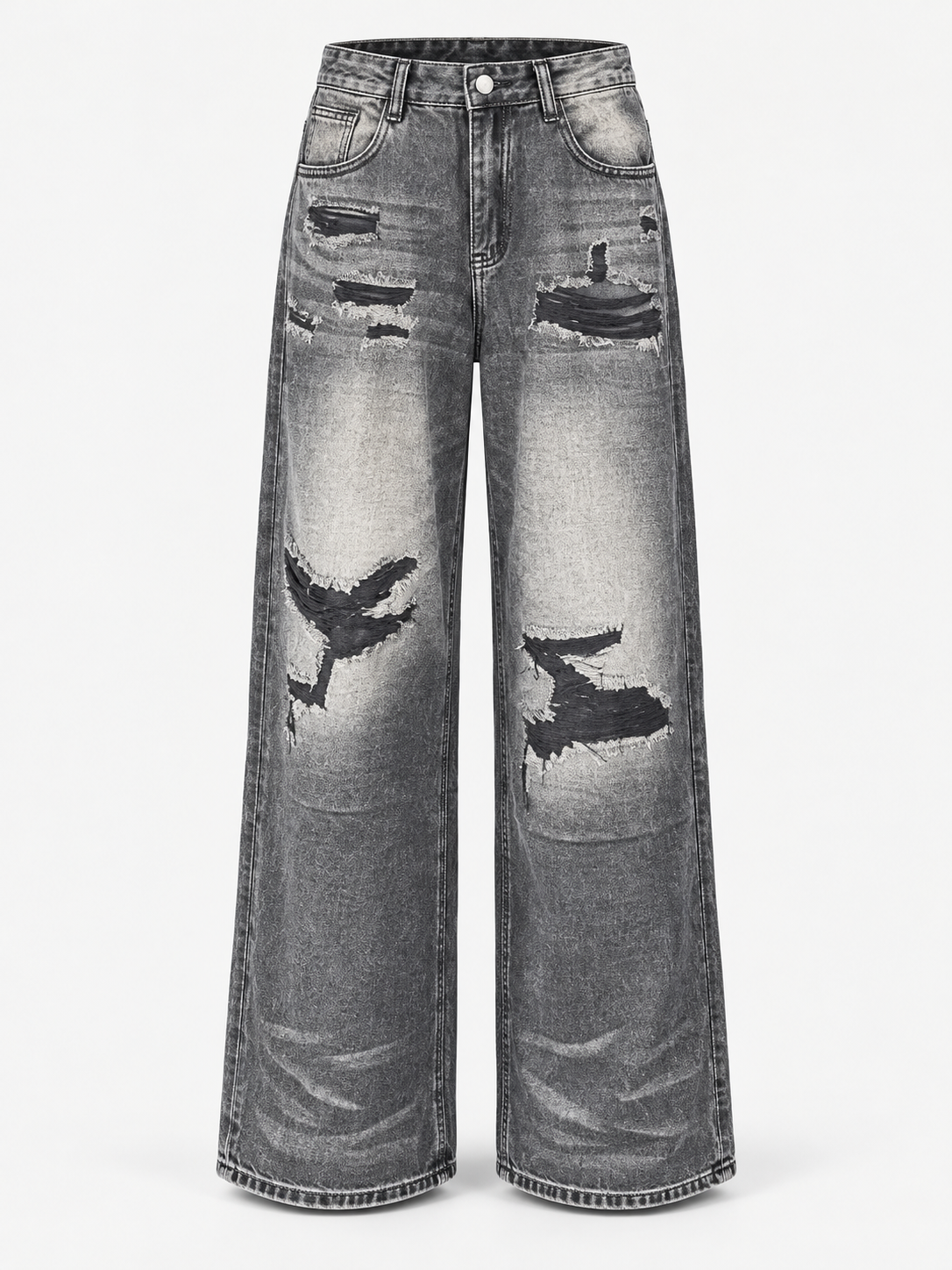 Pants MAUM RT67 gris deslavado, corte amplio y detalles rasgados, vista frontal