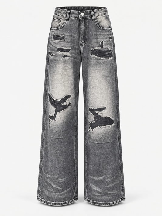 Pants MAUM RT67 gris deslavado, corte amplio y detalles rasgados, vista frontal