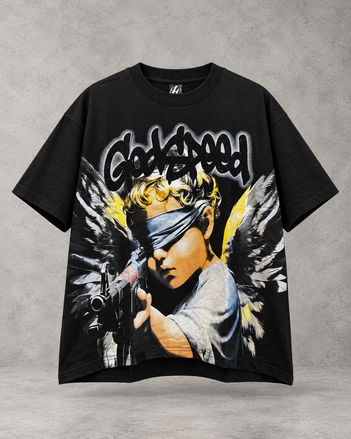 Playera LJ150 negra con estampado de niño con alas y ojos vendados