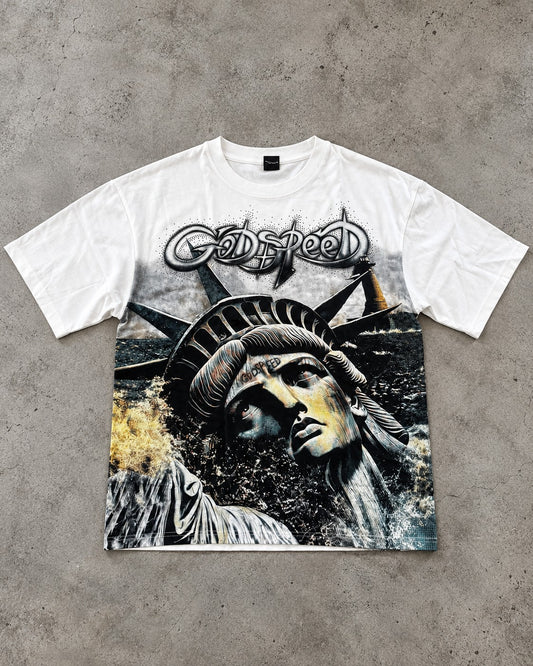 Playera LJ158 blanca con estampado de la Estatua de la Libertad