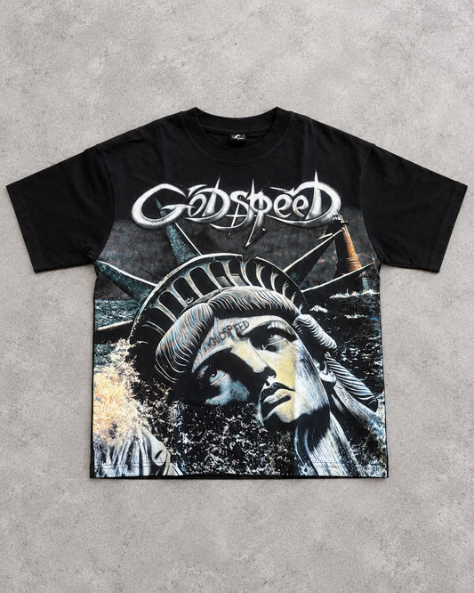 Playera LJ158 negra con estampado de la Estatua de la Libertad