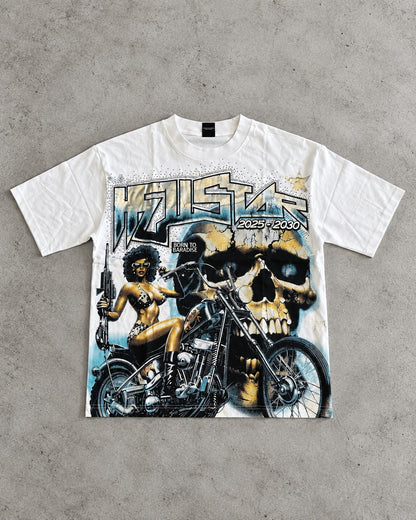 Playera LJ165 blanca con estampado de motociclista y calavera