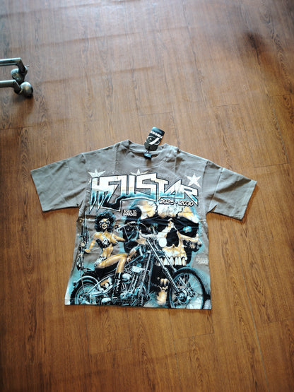 Playera LJ165 gris con estampado de motociclista y calavera