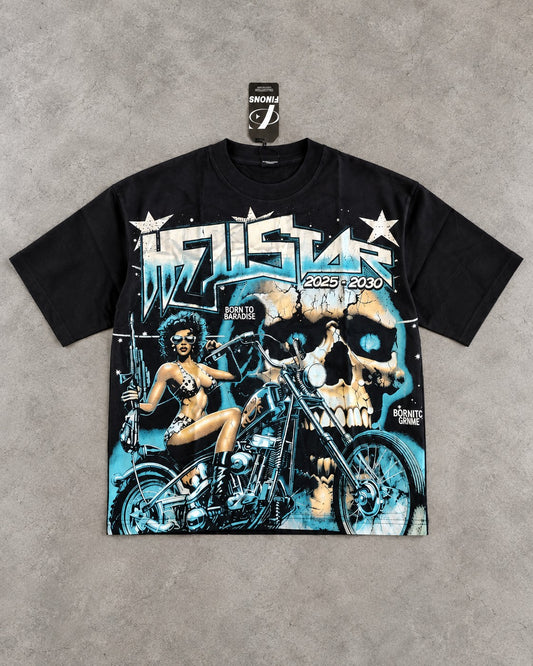 Playera LJ165 negra con estampado de motociclista y calavera, frente